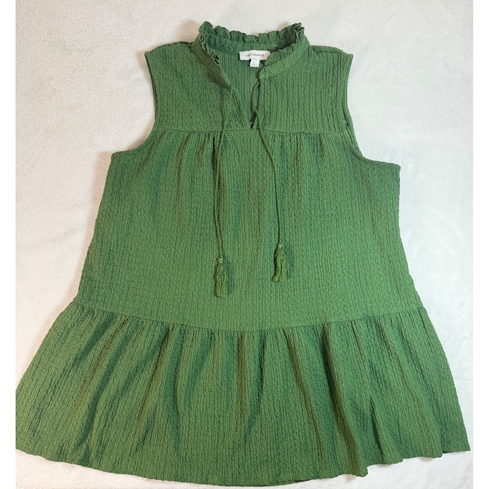 Calligraphie Womens Green Textured Sleeveless Tiered Babydoll Blouse Tassel L